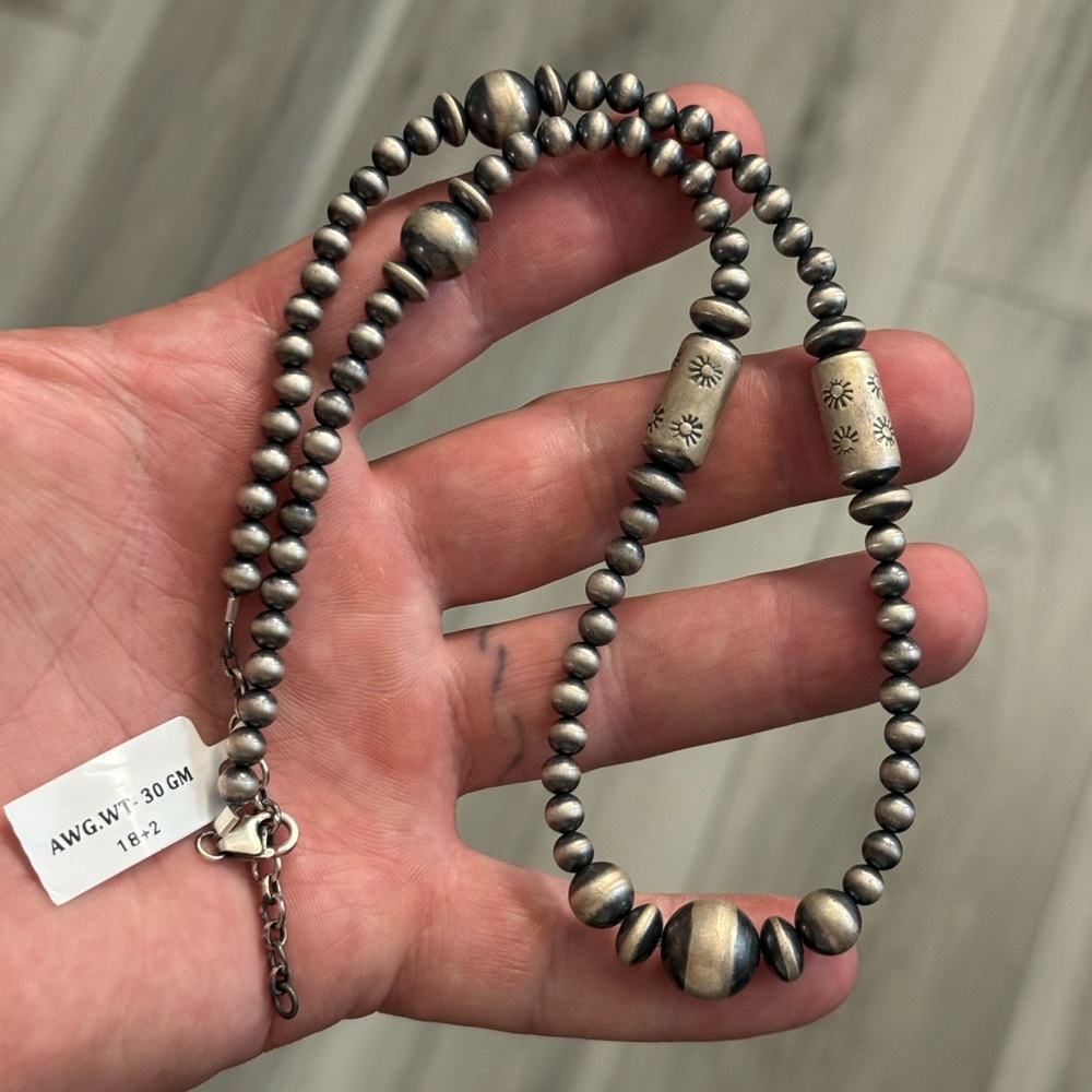 Sterling Silver Native American Southwest Navajo pearl barrel bead necklace .925